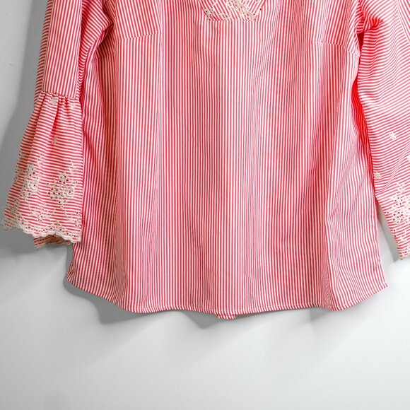 RAFAELLA Pink White Striped V Neck Embroidered 3/4 Sleeves Pull On Top -Size Med - Picture 7 of 11
